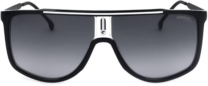 Black sunglasses with a prominent brand logo on a white background