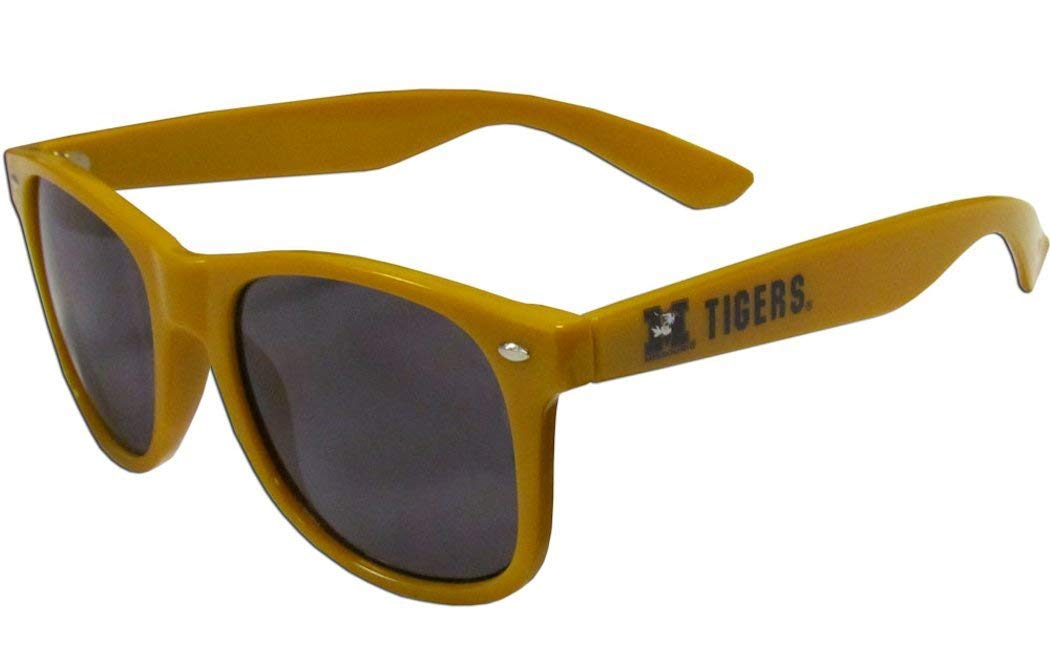 Yellow sunglasses with 'Tigers' branding on a white background