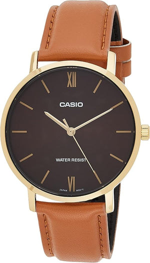 Casio Gold Minimalist Watch for Men | Leather Strap, Burgundy Dial
