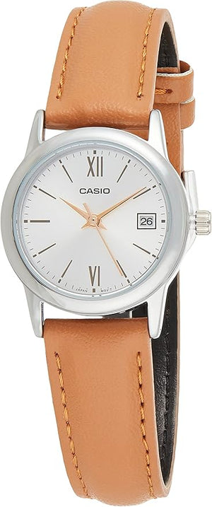 Casio Women's Analog Leather Watch, Silver/Brown