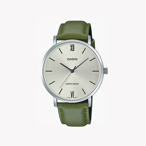 Casio Gold Minimalist Analog Watch for Men | Green Dial, Leather Strap