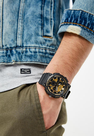 order Casio Men's Quartz Watch, Analog Display, Resin Strap, Black/Gold (MCW-200H-9AVDF)