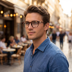 BMW Square Eyeglasses Men — side view, Havana Plastic temples