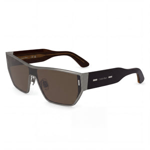 Calvin Klein CK25102S Silver Rectangle Sunglasses Unisex, Solid Brown lens