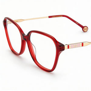 Carolina Herrera Modern Square Eyeglasses Women — side view, Red Acetate temples