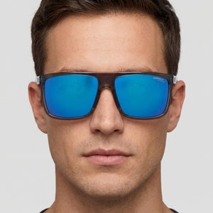 Carrera 8055/S Rectangle Sunglasses Men — side view, Non-Polarized Blue Multilayer lens