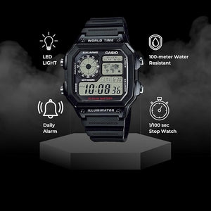 Casio AE-1200WH Resin Men's Watch lifestyle context, Black Dial 39.5mm case