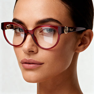 Chopard VCH350S Oval Eyeglasses Women — side view, Red Acetate temples