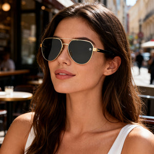 David Beckham DB 1121/G/S Aviator Sunglasses Women — side view, Gold Black lens