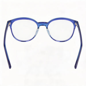 DKNY Round Eyeglasses Women — side view, Blue Acetate temples