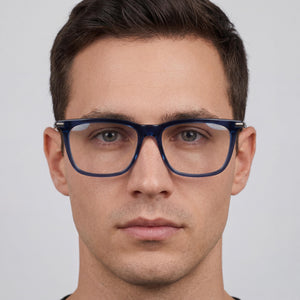 Ferragamo Casual Rectangle Eyeglasses Men — side view, Blue Acetate temples