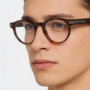 Ferragamo Round Eyeglasses Men — side view, Havana temples