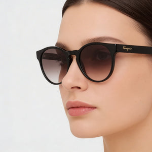 Ferragamo SF1068S Round Eyeglasses Women — side view, Black Acetate temples