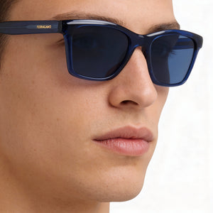 Ferragamo Sf2001s Rectangle Sunglasses Men — side view, Non-Polarized Transparent Blue lens