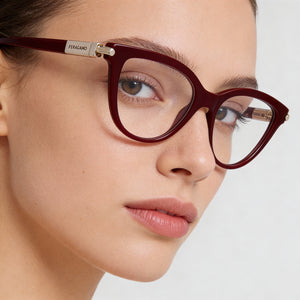 Ferragamo SF2974 Cat Eye Eyeglasses Women — side view, Red Injected temples