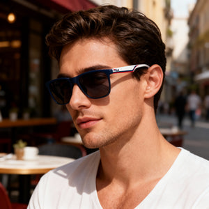 Fila SFI461 Square Sunglasses Men — side view, Blue lens