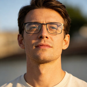 Flexon Rectangle Eyeglasses Men — side view, Black temples