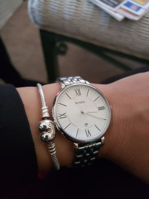 Fossil Jacqueline ES3793 Stainless Steel Women's Watch worn in studio photo, Silver Dial