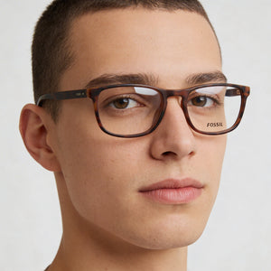 Fossil Modern Rectangle Eyeglasses Unisex — side view, Havana ECO Cellulose temples