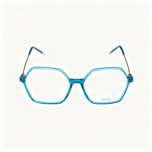 Furla VFU636 Square Eyeglasses Women — side view, Blue Acetate temples
