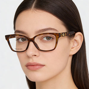 Gucci GG0634O Rectangle Eyeglasses Women — side view, Havana Plastic temples