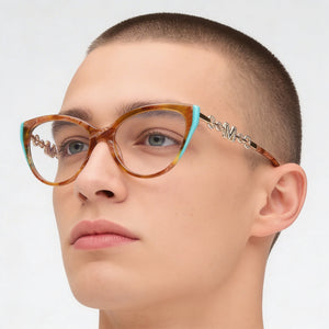 Guess Gm50006 Cat Eye Eyeglasses Men — side view, Havana Plastic temples