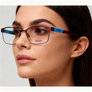 Guess Gu1865 C53 Rectangle Eyeglasses Women — side view, Red Metal temples