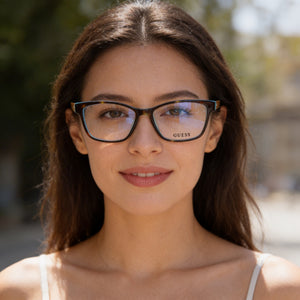 Guess Gu2538 Rectangle Eyeglasses Women — side view, Havana Plastic temples