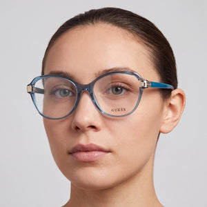 Guess GU2955 Rectangle Eyeglasses Unisex — side view, Blue Polycarbonate temples