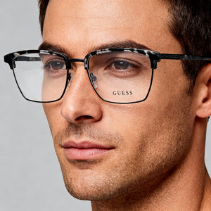 Guess GU50062 Rectangle Eyeglasses Men — side view, Black Plastic temples