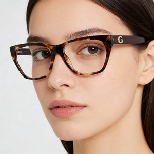 Guess Gu50234 Rectangle Eyeglasses Women — side view, Dark Havana Plastic temples