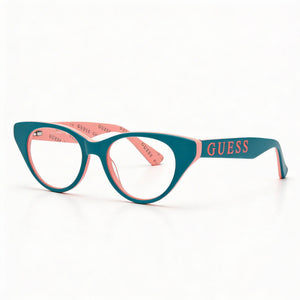 Guess GU9192 Cat Eye Eyeglasses Women — side view, Turquoise Pantographed Plastic temples
