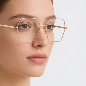 Hugo Boss Casual Square Eyeglasses Women — side view, Gold Stainless Steel temples