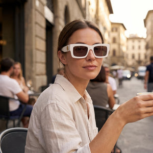 Hugo Boss Modern White Sunglasses Women — lifestyle wear, city streets and open-air cafes