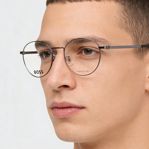 Hugo Boss Round Eyeglasses Men — side view, Silver Alloy Steel temples