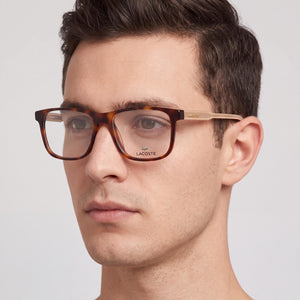 Lacoste L2852 Rectangle Eyeglasses Men — side view, Red Havana Metal temples