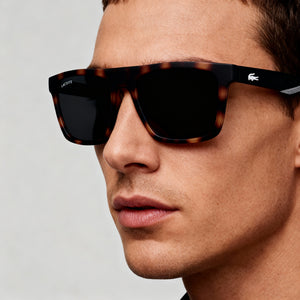 Lacoste L957s Rectangle Sunglasses Men — side view, Mirrored Grey lens detail
