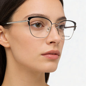 Longchamp LO2108 Cat Eye Eyeglasses Women — side view, Silver Metal temples