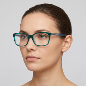 Marc Jacobs Marc 558 Rectangle Eyeglasses Women — side view, Green Azure Acetate temples