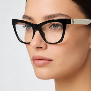 Marc Jacobs Marc 649 Square Eyeglasses Women — side view, Black White Cellulose temples