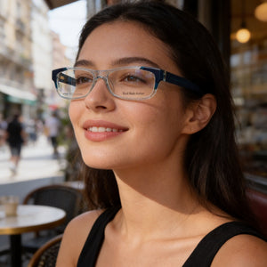 Marc Jacobs MMJ553 Rectangle Eyeglasses Women — side view, Blue Plastic temples