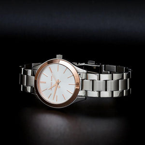 Michael Kors MK3514 Stainless Steel Women's Watch worn in studio photo, Silver Dial
