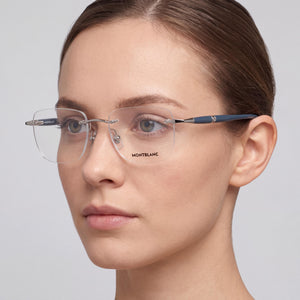 Montblanc MB0346O Rectangle Eyeglasses Women — side view, Silver Acetate temples