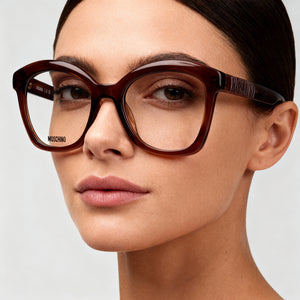 Moschino Square Eyeglasses Women — side view, Brown Cellulose Propionate temples
