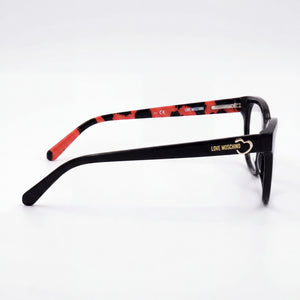 Moschino MOL599 Oval Eyeglasses Women — side view, Black Acetate temples