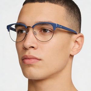 Nike 8402 Round Eyeglasses Unisex — side view, Blue Acetate temples