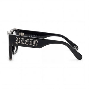 Philipp Plein VPP042W Square Eyeglasses Unisex — side view, Black Acetate temples