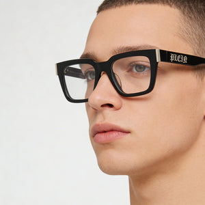 Philipp Plein Vpp112m Square Eyeglasses Men — side view, Shiny Black temples