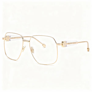 Philipp Plein Vpp126s Rectangle Eyeglasses Women — side view, Rose Gold Stainless Steel temples