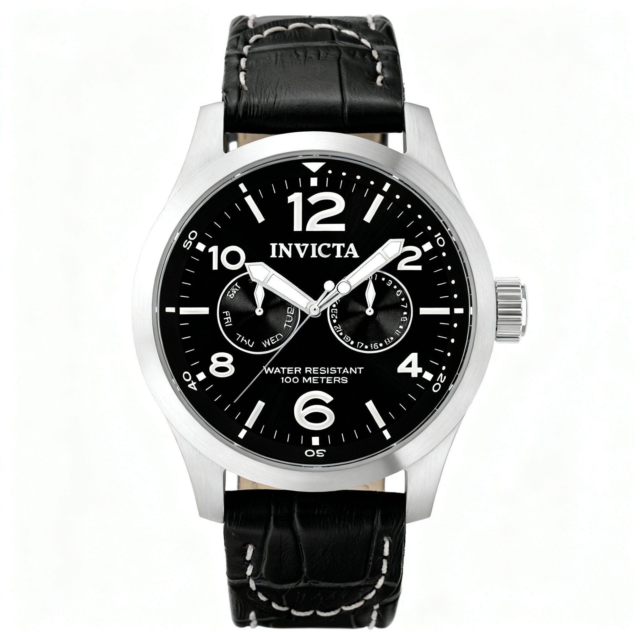 Invicta I Force Military 0764 Men's Black Dial Luminous Quartz Stainless Steel Leather Watch 48mm